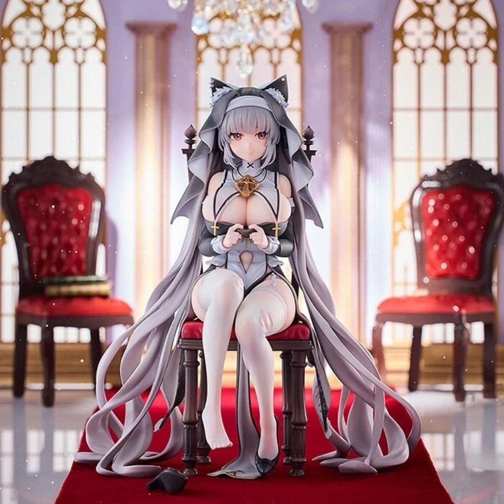 Lavender-Haired Catgirl Figure Seated on Red Velvet Chair